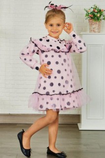 Girl's New Transparent Detailed Polka Dot Pink Dress 100328191