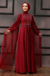 Wedding & Evening - Claret Red Hijab Evening Dress 100336896 - Turkey