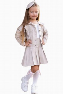 Kids - New Girl's Zipper Detailed and Bandana Beige Pleated Skirt Suit 100328697 - Turkey