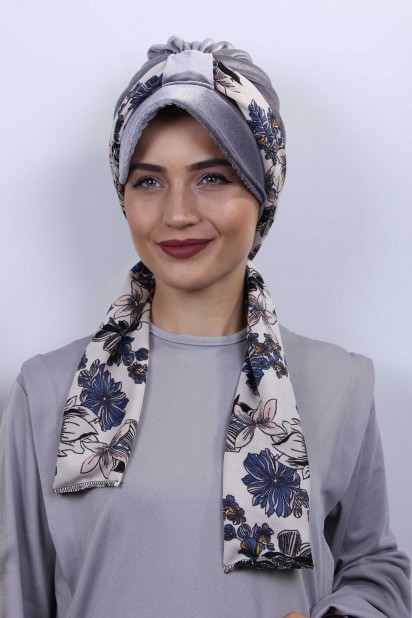 Woman Bonnet & Hijab - Velvet Scarf Hat Bonnet Gray 100283118 - Turkey