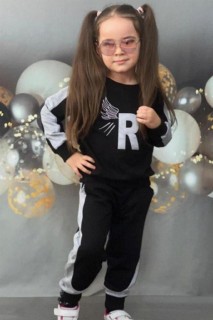 Boys R Letter and Wing Printed Black Tracksuit Suit with Side Stripes 100328719