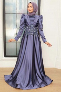 Woman Clothing - Dark Lila Hijab Evening Dress 100341259 - Turkey