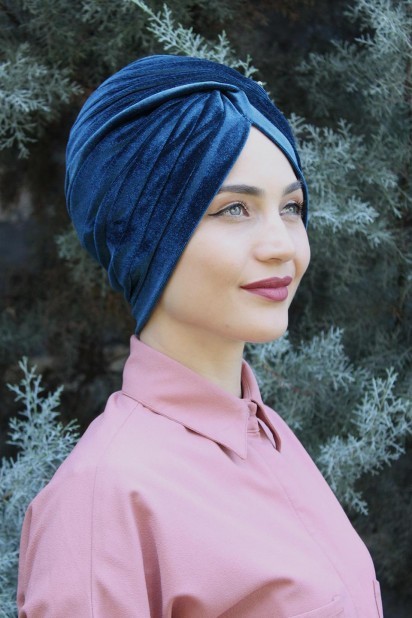 Woman Bonnet & Turban - Velvet Sequined Vera Bonnet Petrol Blue 100285063 - Turkey