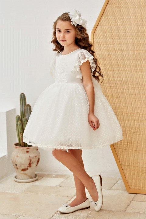 Girl Clothing - Weißes Kleid aus flauschigem Tüll mit Ärmeln, gekräuselter Spitze und Rock 100327679 - Turkey