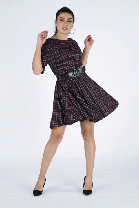 Daily Dress - Women's Checked Patterned Waist Belt Dress 100326310 - Turkey