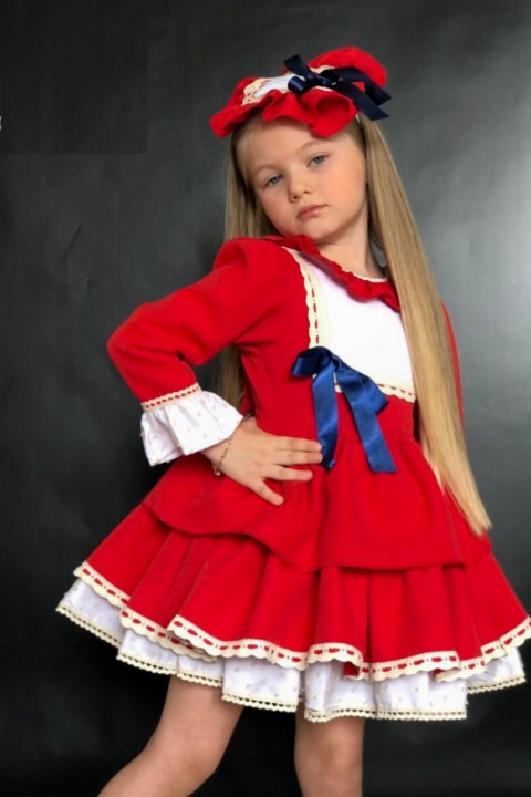 Girls' apron Collar Button Detailed Red Dress with Layered Tulle 100327122