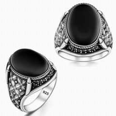 Silver Rings 925 - Onyx Stone Seljuk Motif Sterling Silver Men's Ring 100348175 - Turkey