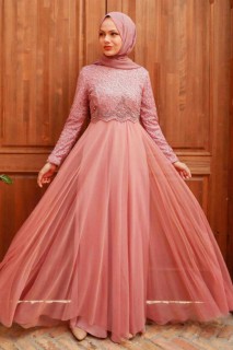 Woman - Dusty Rose Hijab Evening Dress 100339548 - Turkey