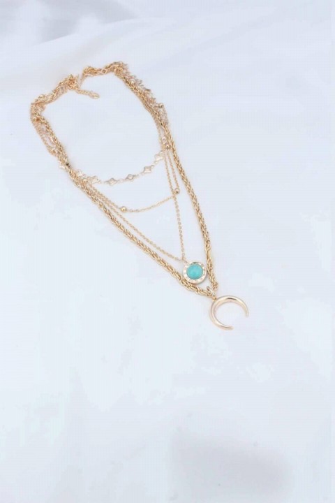 Crescent Figured Blue Bead Detail Gold Color Women's Necklace 100327537