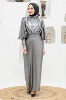 Evening & Party Dresses - Silver Hijab Evening Dress 100339336 - Turkey