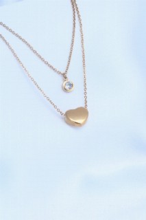 Jewelry & Watches - Gold Color Heart Figure Zircon Stone Detail Steel Women's Necklace 100327836 - Turkey