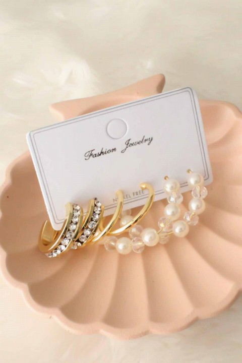 Earrings - Multiple Pearl Detailed Gold Color Women's Earrings 100327490 - Turkey