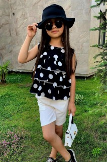 Girl's Tiered Chiffon Blouse with Frilly Chiffon and Double Pockets Polka Dot Black Shorts Suit 100328484
