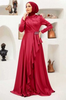 Evening & Party Dresses - Claret Red Hijab Evening Dress 100339998 - Turkey