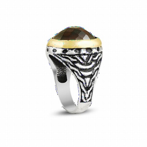 Zircon Stone Rings - Oval Cut Zircon Stone Gold Detailed Sterling Silver Men's Ring 100349316 - Turkey