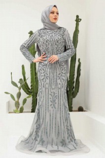 Woman Clothing - Grey Hijab Evening Dress 100339838 - Turkey