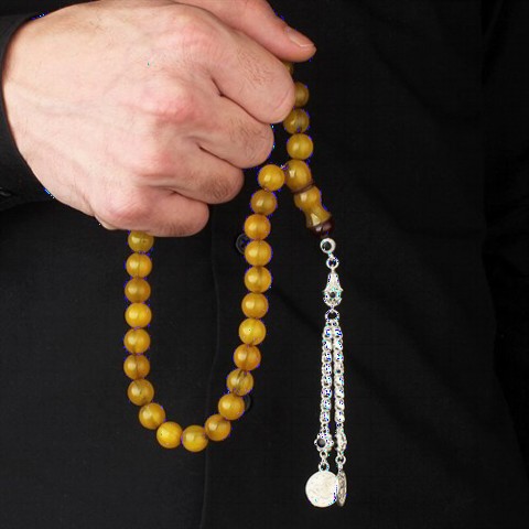 Rosary - Yellow Color Silver Tasseled Amber Tasbih 100349515 - Turkey