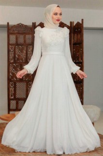Wedding & Evening - Ecru Hijab Evening Dress 100337538 - Turkey