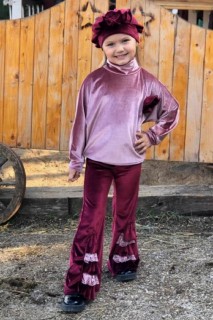 Kids - Girl's Spanish Trousers with Guipure Detailed Velvet Pink Bottom Top Set 100327033 - Turkey
