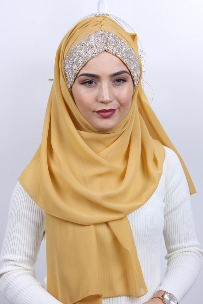 Woman Hijab & Scarf - Stone Design Bonnet Shawl Gold Yellow 100282971 - Turkey