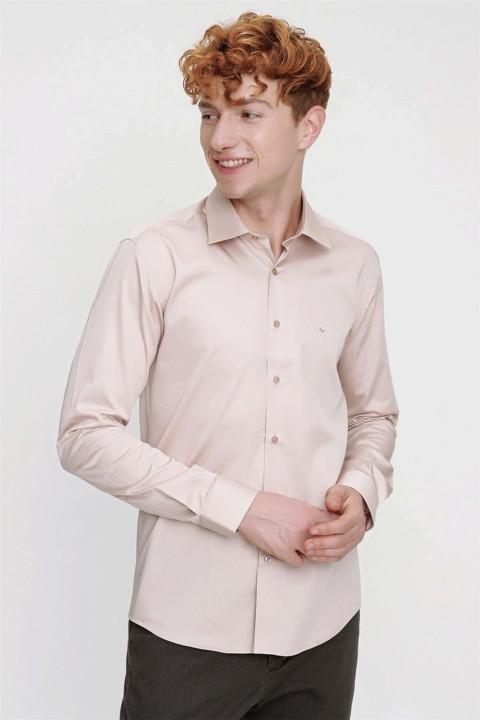 Men Clothing - Men's Cream 100% Cotton Agrive Slim Fit Slim Fit Straight Solid Collar Long Sleeve Shirt 100351174 - Turkey