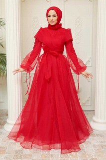 Wedding & Evening - Red Hijab Evening Dress 100341595 - Turkey