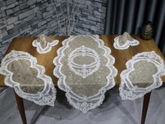 Living room Table Set - Dowry Land Sapphire 5 Piece Linen Living Room Set Cream Brown 100331198 - Turkey