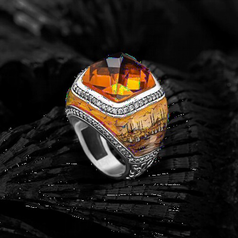 Silver Rings 925 - Landscape Embroidered Zircon Stone Sterling Silver Ring 100349393 - Turkey