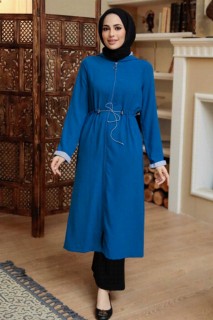 Coat - İndigo Blue Hijab Coat 100344916 - Turkey