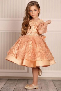 Kid's Salmon Evening Dress with Stone Embroidered Waistline and Cross Back Tie 100328104