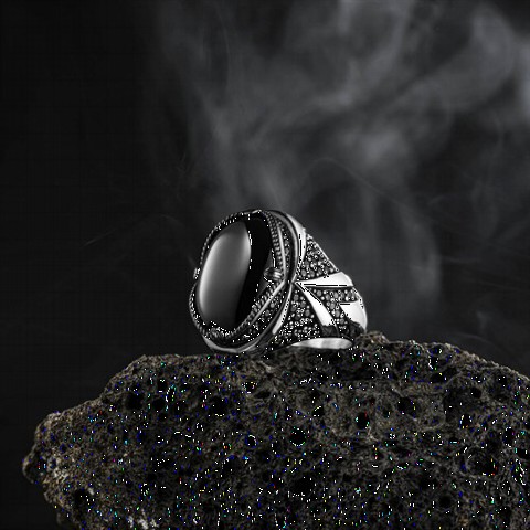 Black Onyx Stone Edges Stone Detailed Silver Ring 100349134