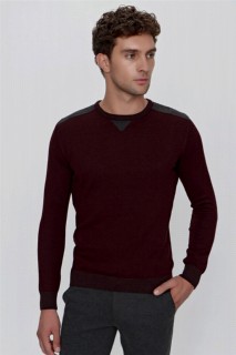Zero Collar Knitwear - Men's Dark Claret Red Trend Dynamic Fit Loose Cut Crew Neck Knitwear Sweater 100345163 - Turkey