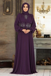 Wedding & Evening - Plum Color Hijab Evening Dress 100335280 - Turkey