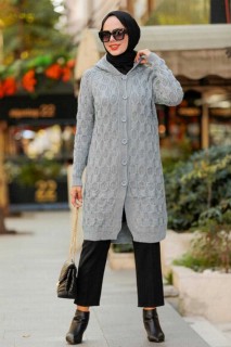 Outwear - Grey Hijab Knitwear Cardigan 100338959 - Turkey