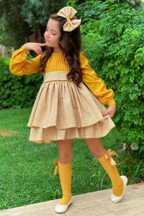 Outwear - Girls' Skirt Tiered Above Line Stitching Detail Checked Yellow Dress 100328321 - Turkey