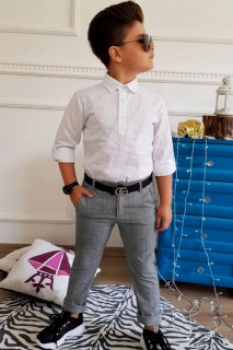 Boys Gray Bottoms Top Suit With Plaid Pants and Belt 100328126