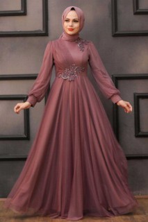Wedding & Evening - Dark Dusty Rose Hijab Evening Dress 100337288 - Turkey