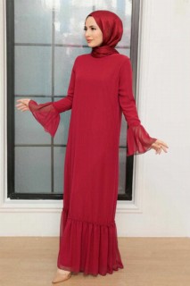 Clothes - Claret Red Hijab Dress 100340831 - Turkey