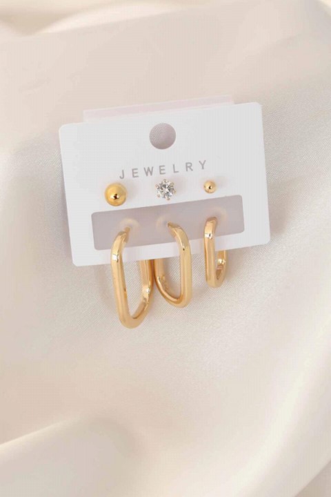 Earrings - Gold Color Zircon Stone Detail Ring Women's Earring Set 100327611 - Turkey