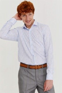 Men's Ice Blue Cotton Slim Fit Slim Fit Printed Italian Collar Long Sleeve Shirt 100350614