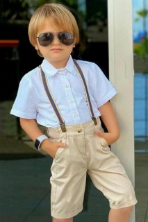 Boy's Short Sleeve Shirt and Strap Beige Capris Top and Bottom Set 100328385