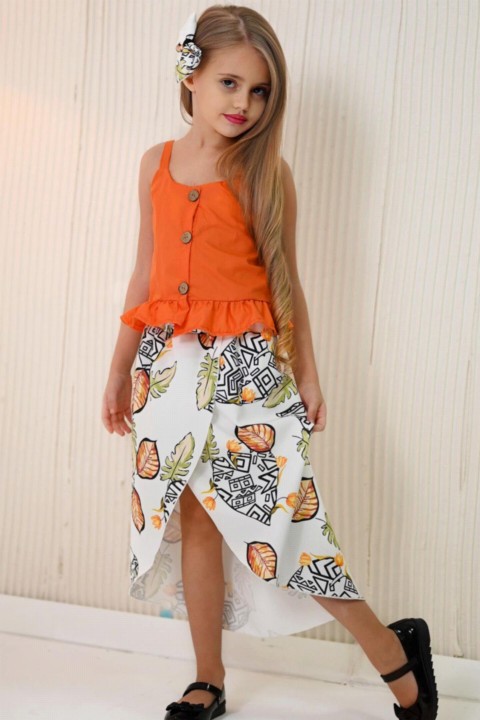 Girl's Front Buttoned Ruffle Waist and Leaf Patterned Orange Skirt Suit 100327282