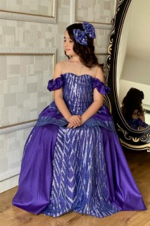 Girls - Violettes Abendkleid mit Kragen, transparent und pflaumenfarbenen Details 100328296 - Turkey