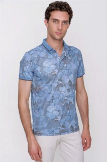 T-Shirt - Men's Blue Interlock Patterned Trend Dynamic Fit Comfortable Fit Short Sleeve T-Shirt 100350827 - Turkey