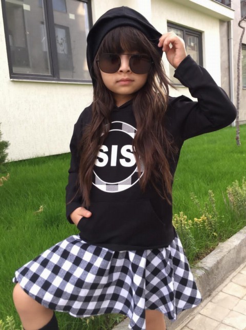 Girl's Sis Written Checkered Skirt Suit 100326637