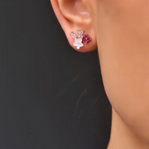 Zircon Stone Flower Motif Silver Earrings 100350024