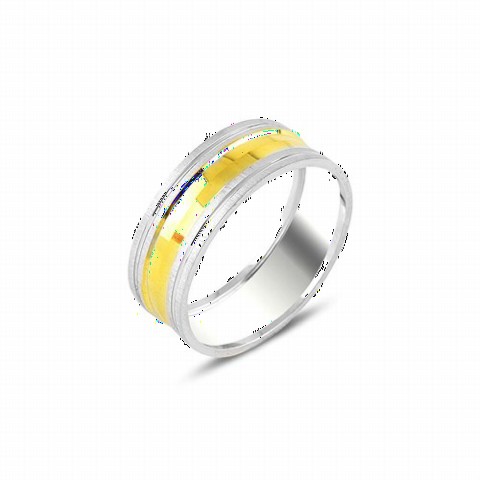 Men - Gold Sliver Detailed Silver Wedding Ring 100346989 - Turkey