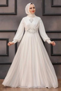 Wedding & Evening - Ecru Hijab Evening Dress 100337293 - Turkey