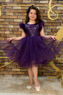 Evening Dress - Girls' Sleeves Ruffled Skirt Fluffy Tulle Pulpayet Plum Evening Dress 100328401 - Turkey