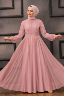 Wedding & Evening - Powder Pink Hijab Evening Dress 100337201 - Turkey